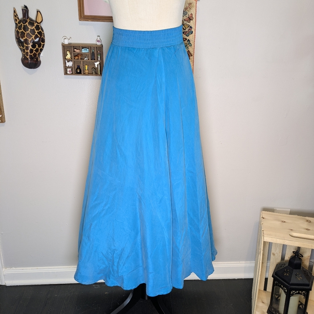 Vintage 80s Evan Picone Vibrant Teal Silk Maxi Skirt - Picture 3 of 10